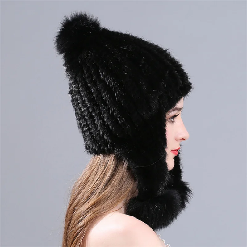 Women Ear Earflap Winter Hot Sale Real Mink Fur Hat For Women Hat Fashion Windproof Knitted Hat With Fox Pom Pom Earflap Hat Cap
