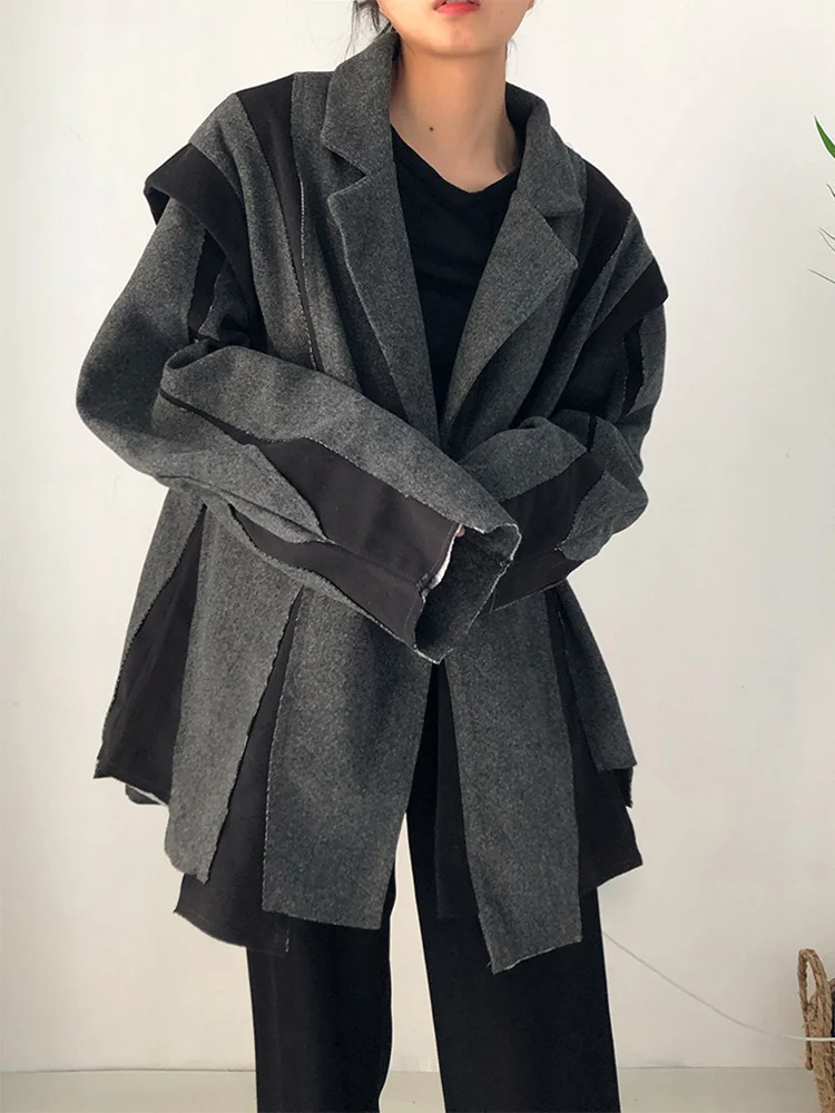 [EAM] Loose Fit Gray Color-block Big Size Woolen Coat Parkas New Long Sleeve Women Fashion Tide Autumn Winter 2024 1DF0391