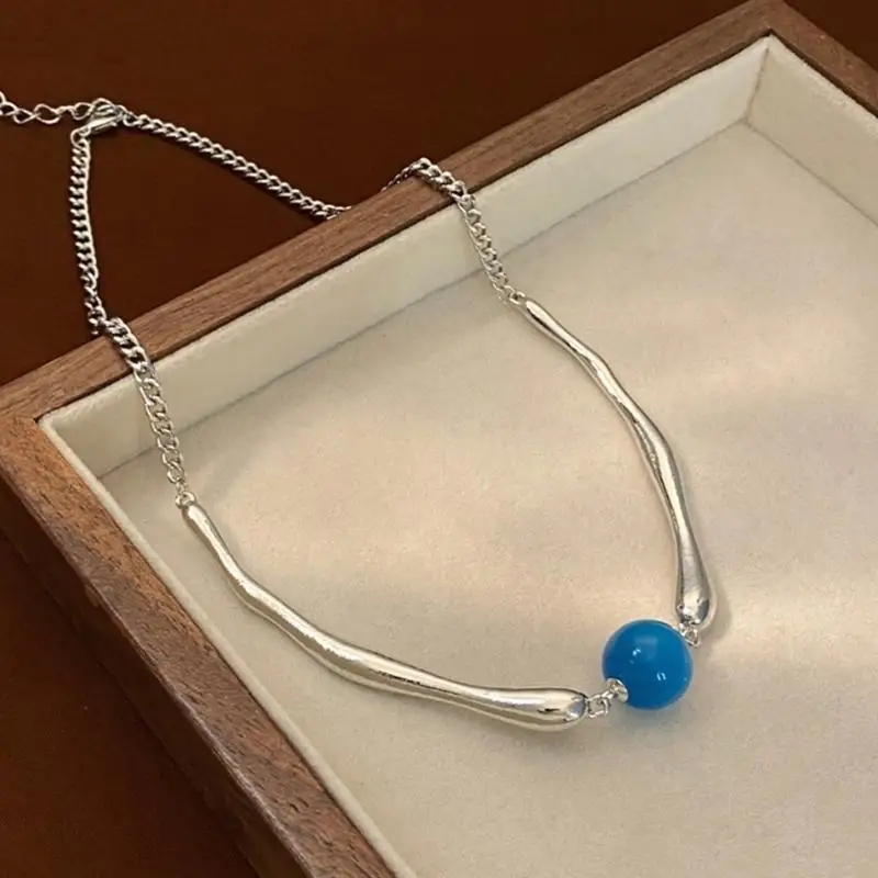 195C Unique Necklace with Blue Beads Charm Adjustable Clavicle Chain for Trendsetters