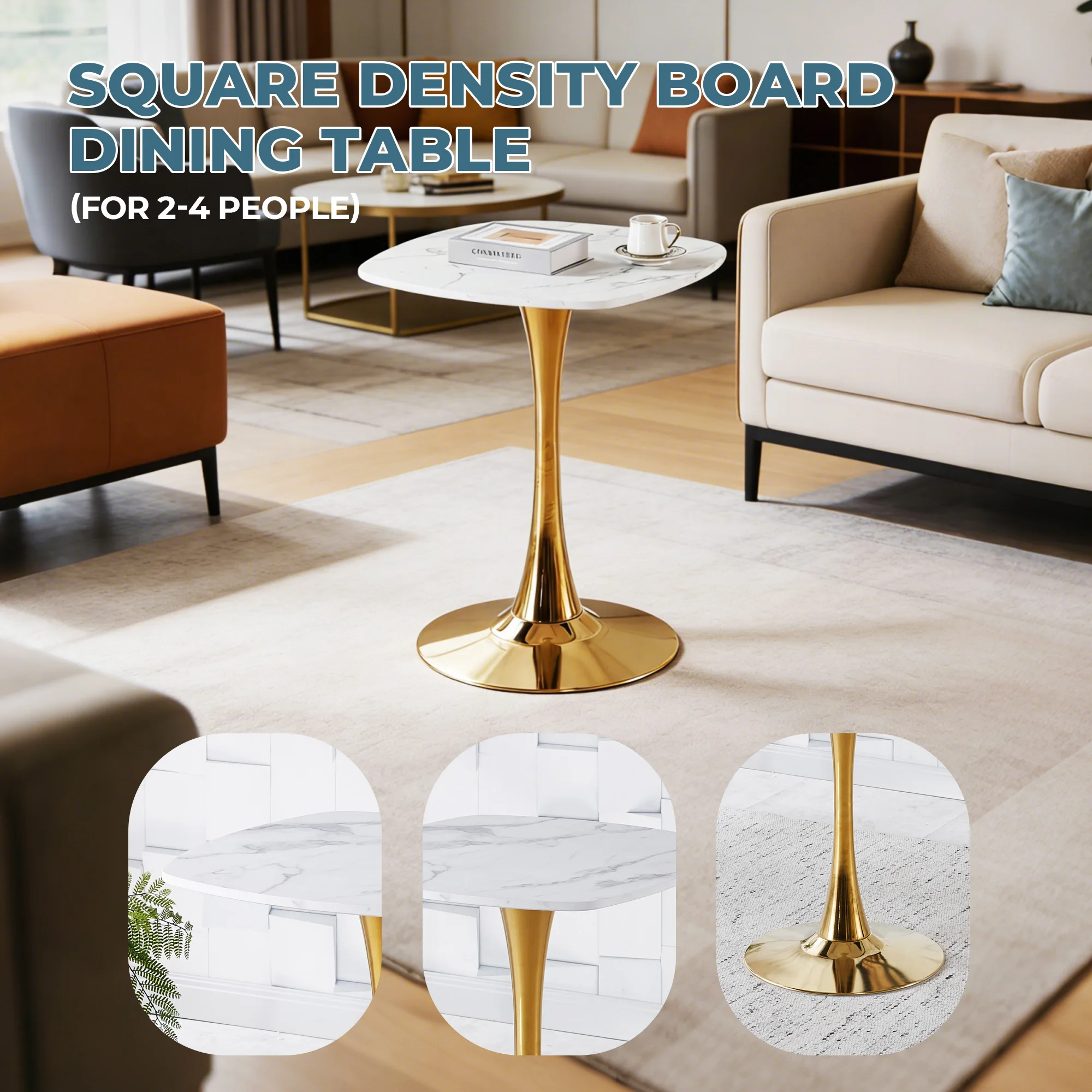 Square tulip dining table 24-inch gold metal base modern style bistro dining table, suitable for 2-4 people