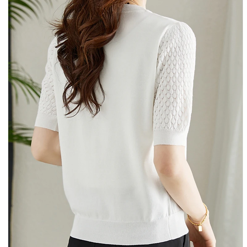 White Loose Thin Knitted Women T Shirt 2024 New Summer Casual Tees Short Sleeve Tshirt Female O Neck Elastic Top Fashion Clothes