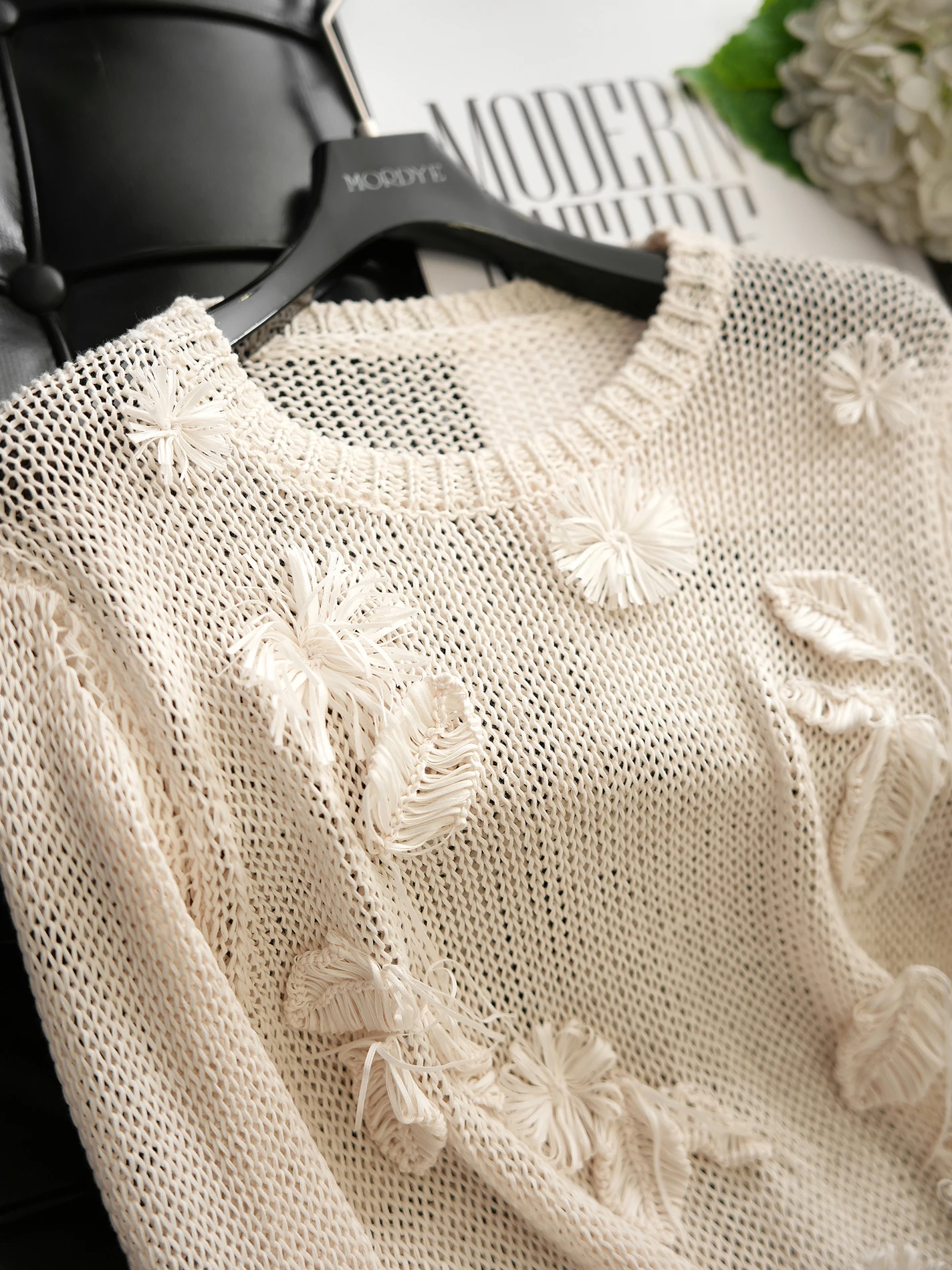 

Hand Embroidered Early Spring Soft Knitted Top Hollow out Hook Artistic Sense Cover up Shirt Casual Style Cotton Blend