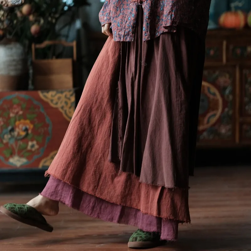 Retro Japanese Style High Waist A-Line Long Midi Red Patchwork Skirts 2026 New Casual Cotton Linen Ladies Commute Fashion Wear