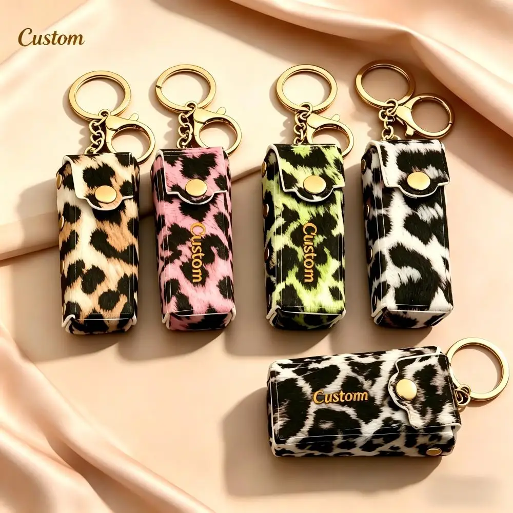 

Leopard Print Lipstick Pouch Keychain Trend PU Leather Car Accessories Pendant Portable Storage Bag Key Ring Chain Motorcycle