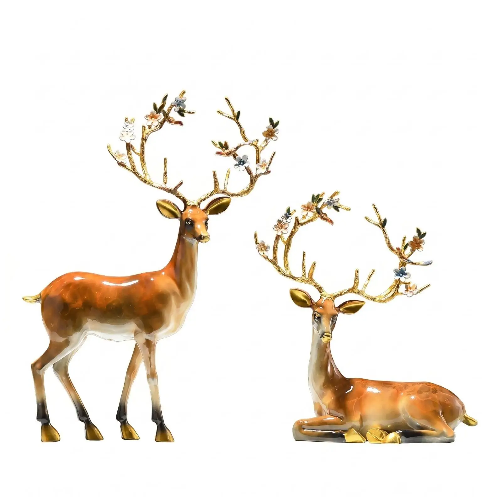 2 Pieces Deer Ornament Flower Antlers Deer Statue Hand Painted for Gift Buyers