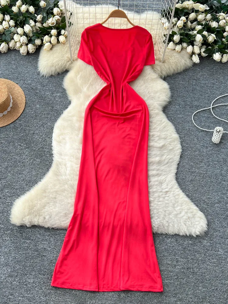 夏の純粋な欲望 レディースドレス ハイウエスト Aライン 半袖 Vネック ボディコン ロングスカート セクシー シティ通勤 韓国風