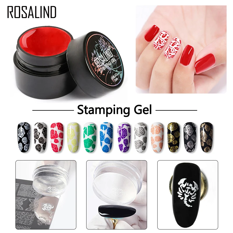 ROSALIND 5Ml เล็บปั๊มเจลสีดำสีขาว Varnis เล็บแสตมป์ภาพวาดสี Soak Off UV Gel สำหรับ nail Art Stamping