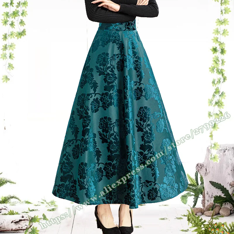 2024 Vintage Lake Blue Jacquard Autumn and Winter High Waisted A-line Plus Size Women's Long skirt elegant women's skirts
