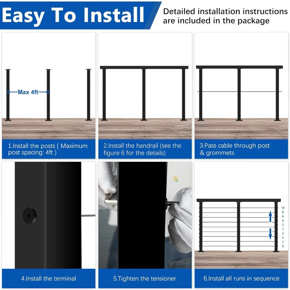 36-Inch Black T304 Stainless Steel Cable Railing System with Adjustable Handrail and Posts