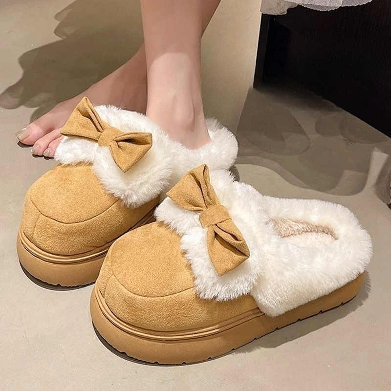 

​ Женские осенне-зимние теплые плюшевые хлопковые тапочки с бантом на толстой подошве, противоскользящие домашние носимые на открытом воздухе ​