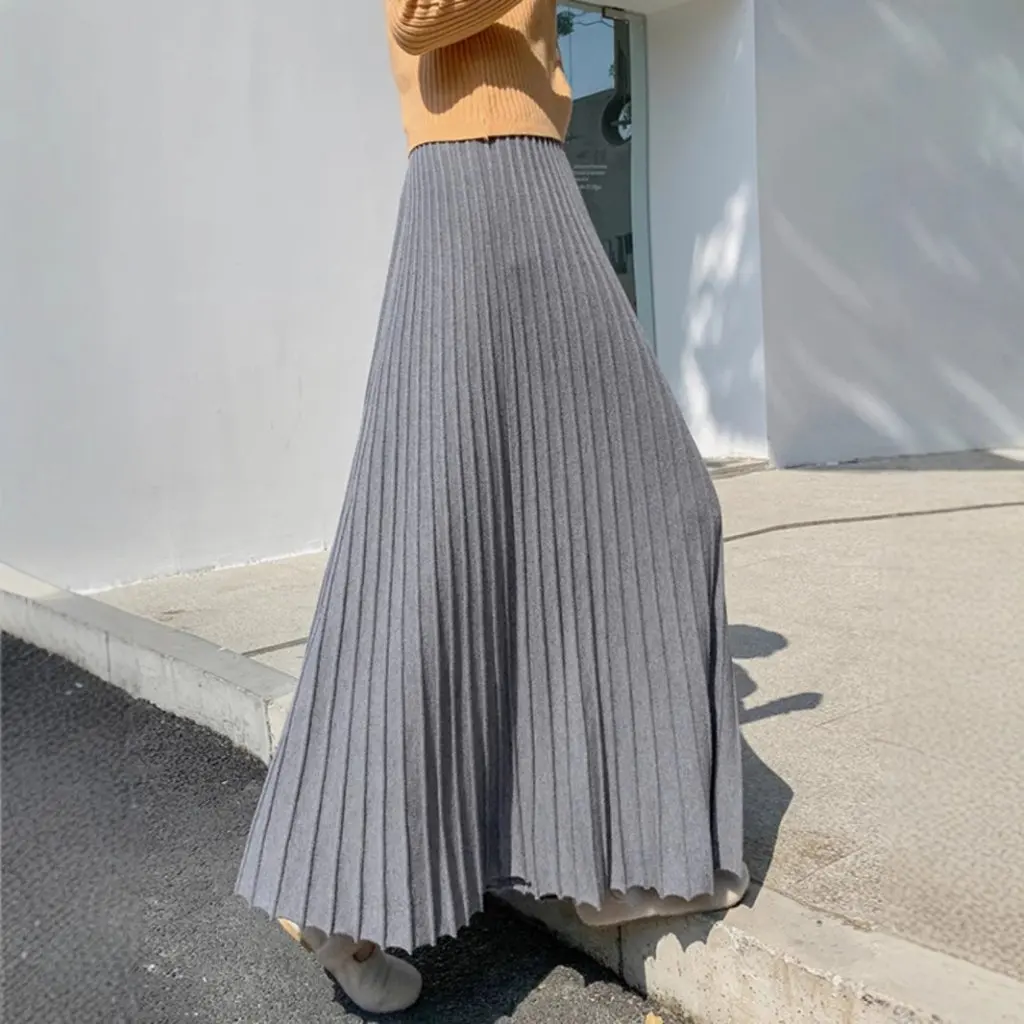 Damen-Strickrock mit hoher Taille, A-Linie, schlankmachender, gestapelter Taillen-Plissee-Swing-Regenschirmrock für Herbst und Winter