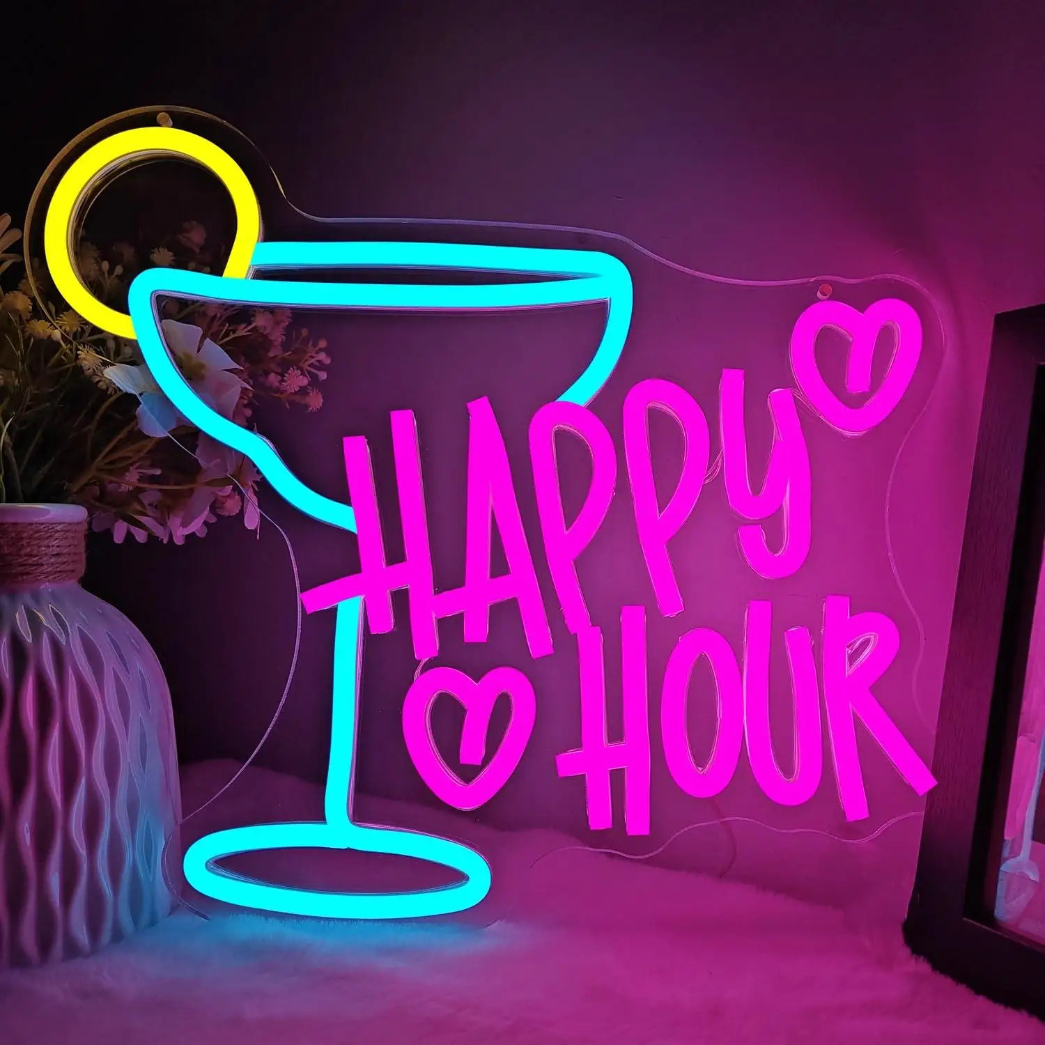 Bar Party Neon Sign USB Dimmable LED Light with Happy Hour Theme for Bedroom Beer Bar Hotel Club Office Aesthetic Decor Gifts