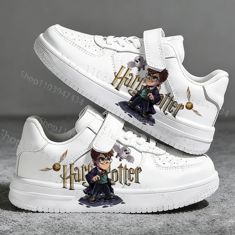 

New Model Boys Girls Harry Potters Cartoon Pattern Design Kids Soft Sports Shoes Lace Up White Skateboarding Sneaker Ships in 24