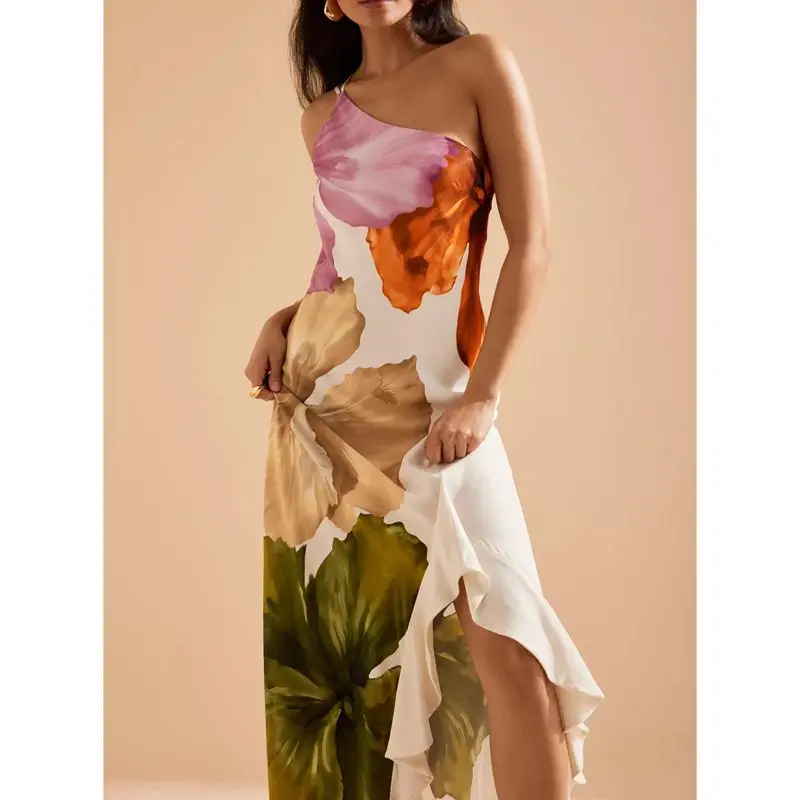 Combhasaki Abito estivo da donna elegante senza maniche con stampa floreale monospalla con volant e spacco alto, abito da spiaggia lungo allentato Boho