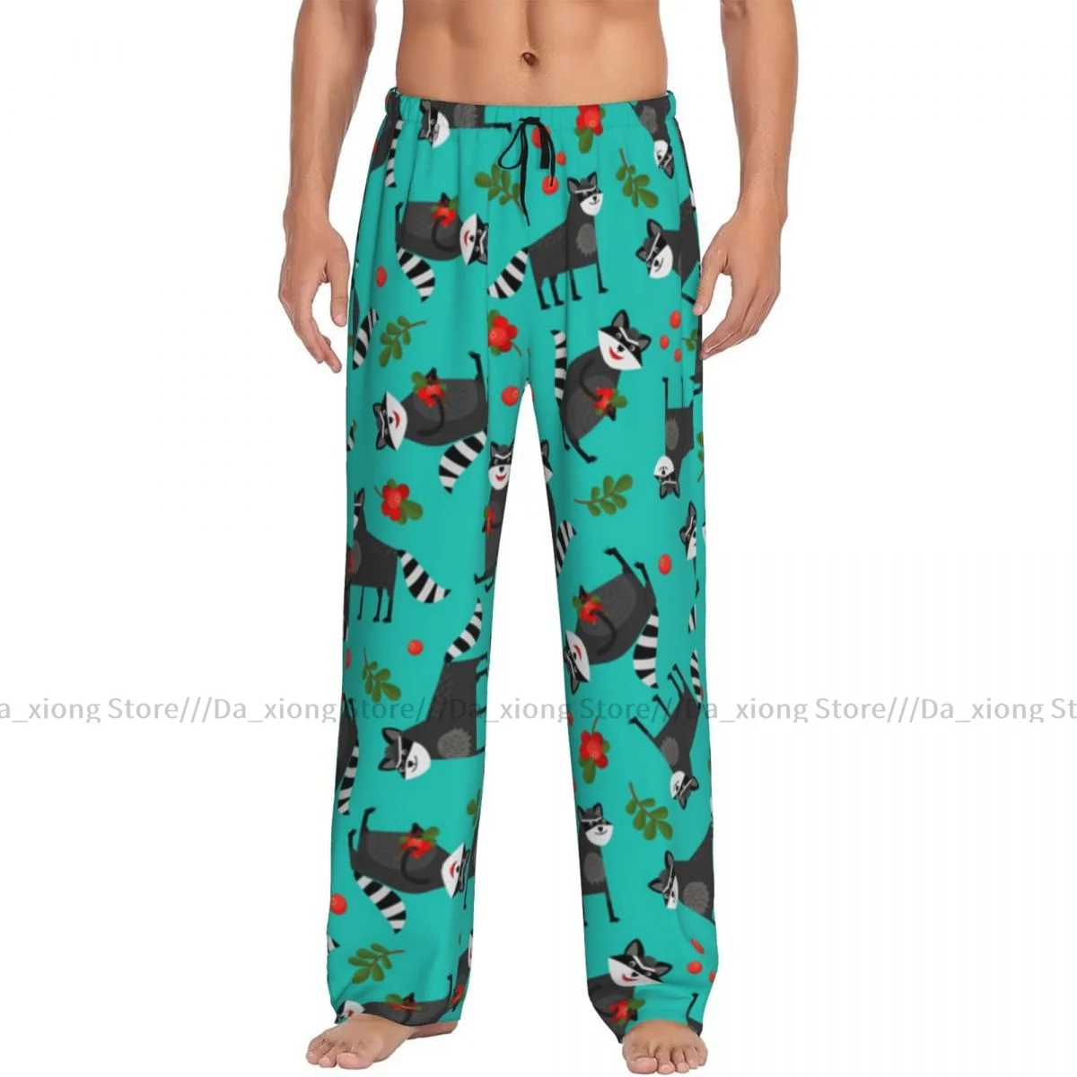 Men's Casual Pajama Sleeping Pants Cute Raccoon And Berry Lounge Loose Trousers Comfortable Nightwear