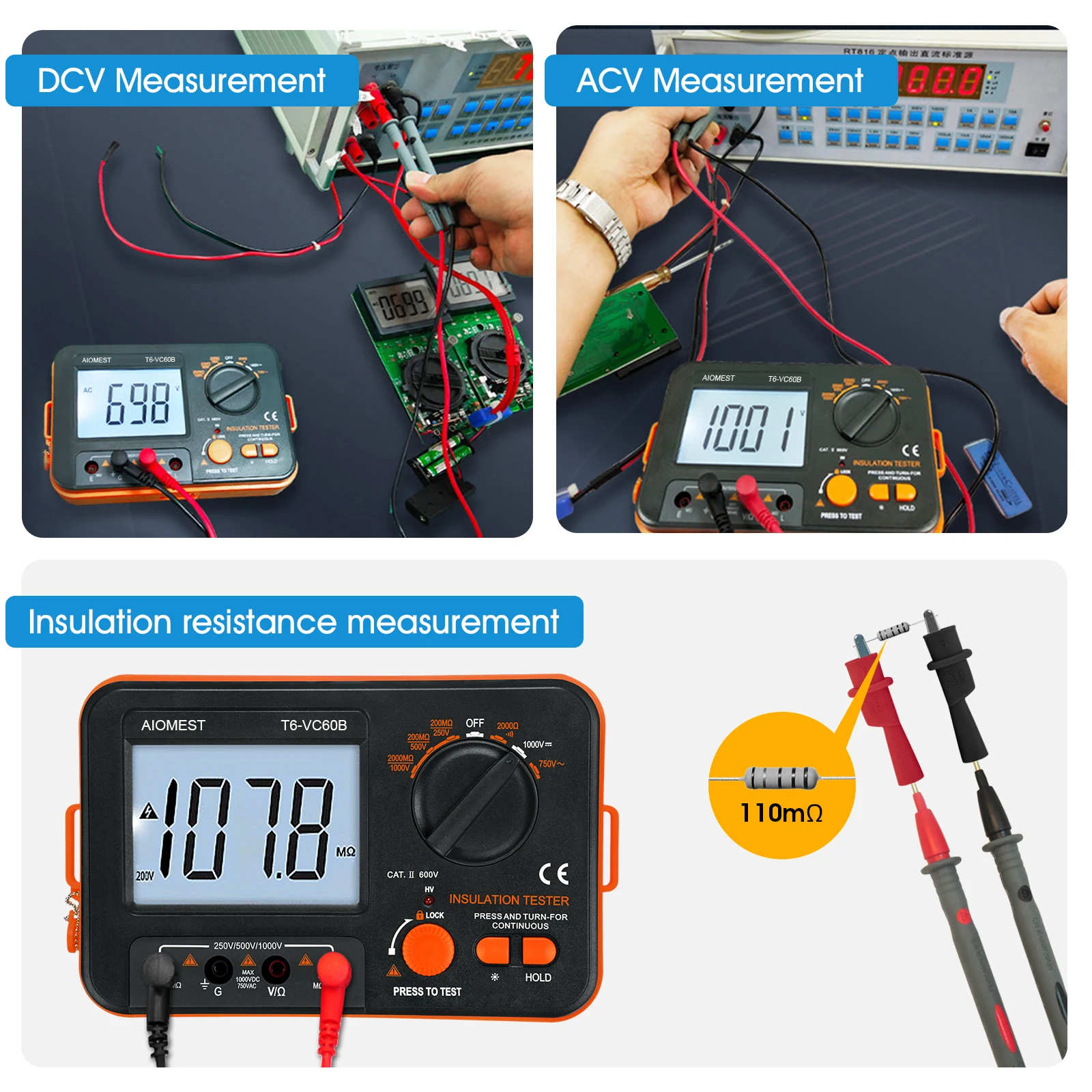 Testador digital de resistência de isolamento, megôhmetro 0,1-200 MΩ, 250V/500V/750V/1000V, com retenção de dados e display retroiluminado