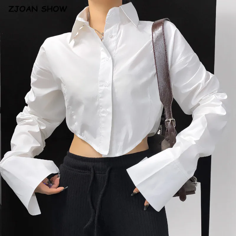 

2023 Sexy Pleated Ruched Extra Long Cuff Cropped Shirt Women French style Ladies Lapel Full Sleeve Dropped Slim Crop Top Blouses