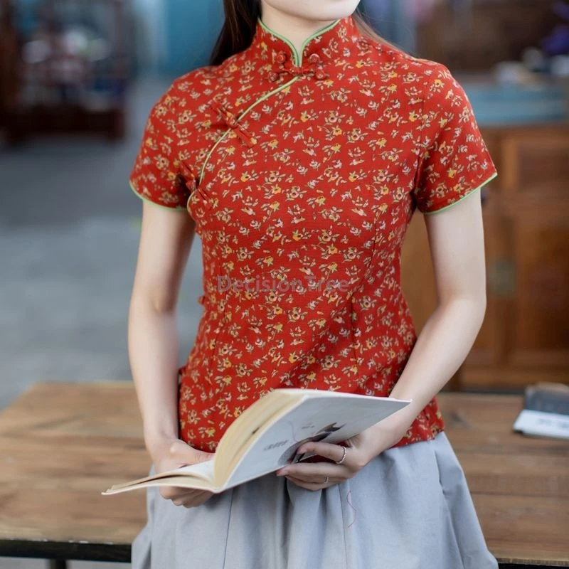 

2025 pure cotton chinese style top women summer new improved cheongsam buckle retro blouse ethnic style casual daily elegant top