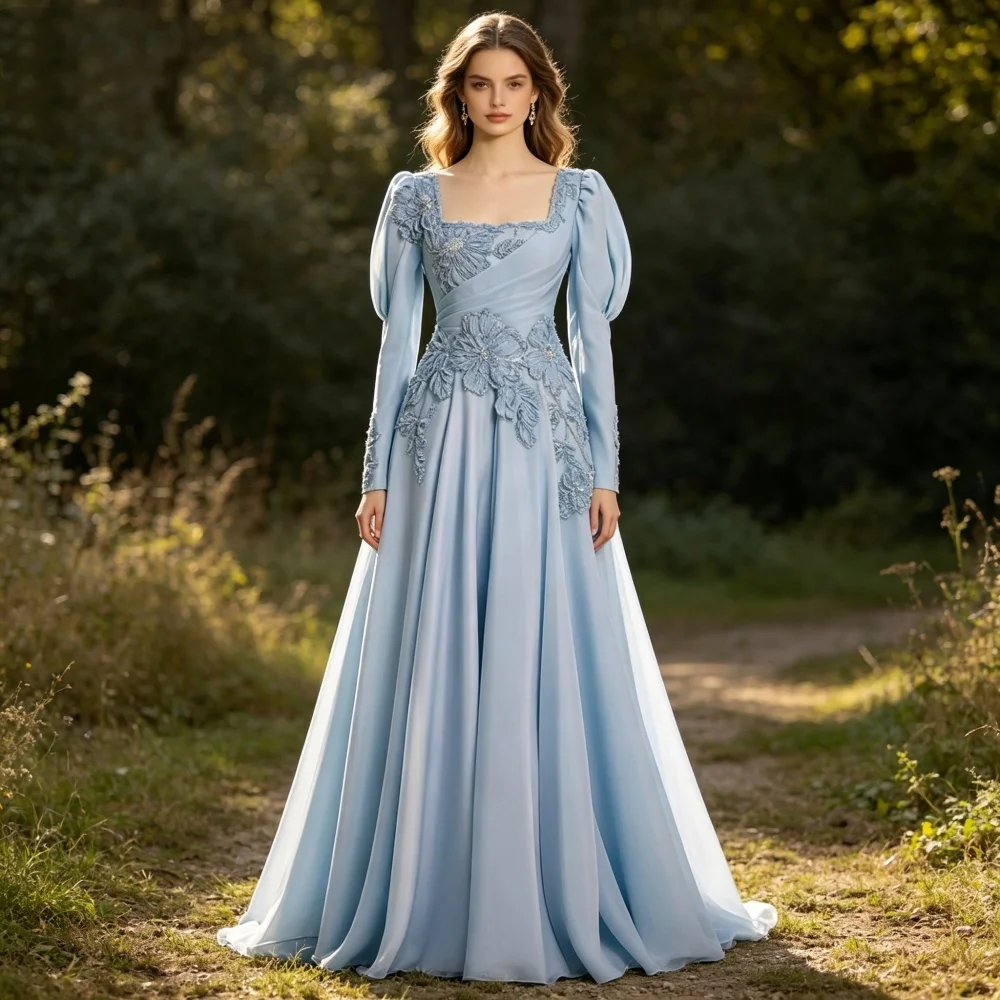 

Customized Elegant Evening Gown Square Neck Pleat Applique A-line Long Dresses Formal Party Dress for Wedding High Quality