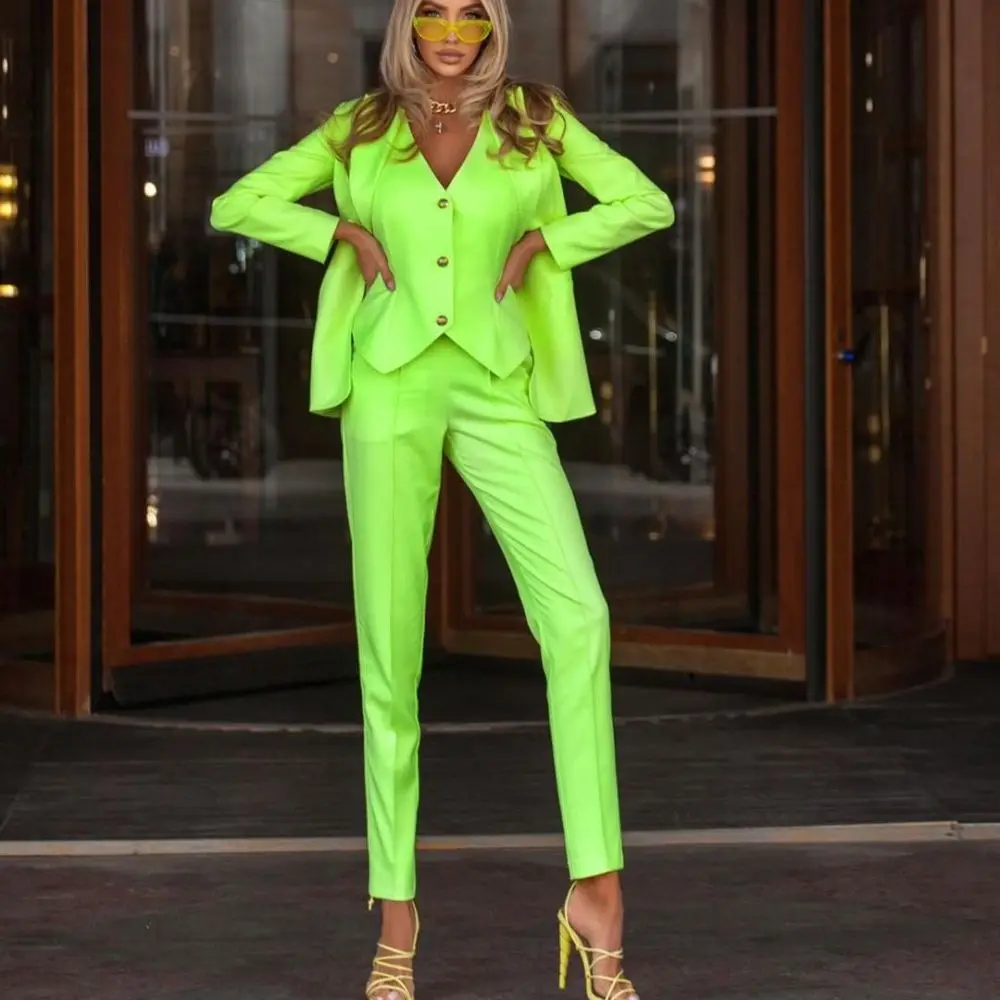 Bright Green Slim Women Pants Suits Ladies Prom Evening Guest Formal Wear Custom Made (Jacket+Vest+Pants)