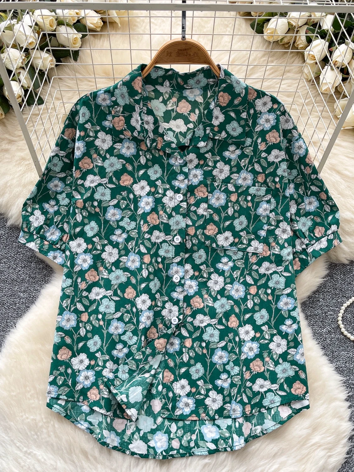 

Casual Commute Bubble Sve Floral irt Women's Loose Faionable Younger Looking Summer Top Korean Sle ort Sve