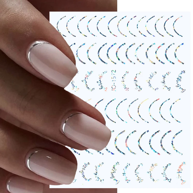 3D French Tips Nail Stickers  Silver Metal Stripe Lines Decals Curve Gel Polish Decor Nails Art Sliders Manicure