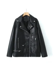 2024 Autumn and Winter Fashion Women's PU Leather Lapel Long Sleeve Motorcycle Imitation Leather Jacket Coat