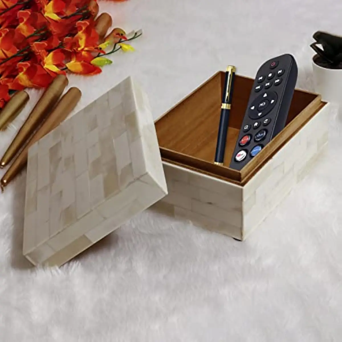 Decorative Bone Inlay Storage Box with Lid – 10x5x5 Inch Classic Style Pine MDF Organizer for Living Room Shelf Mantel Coffee Ta