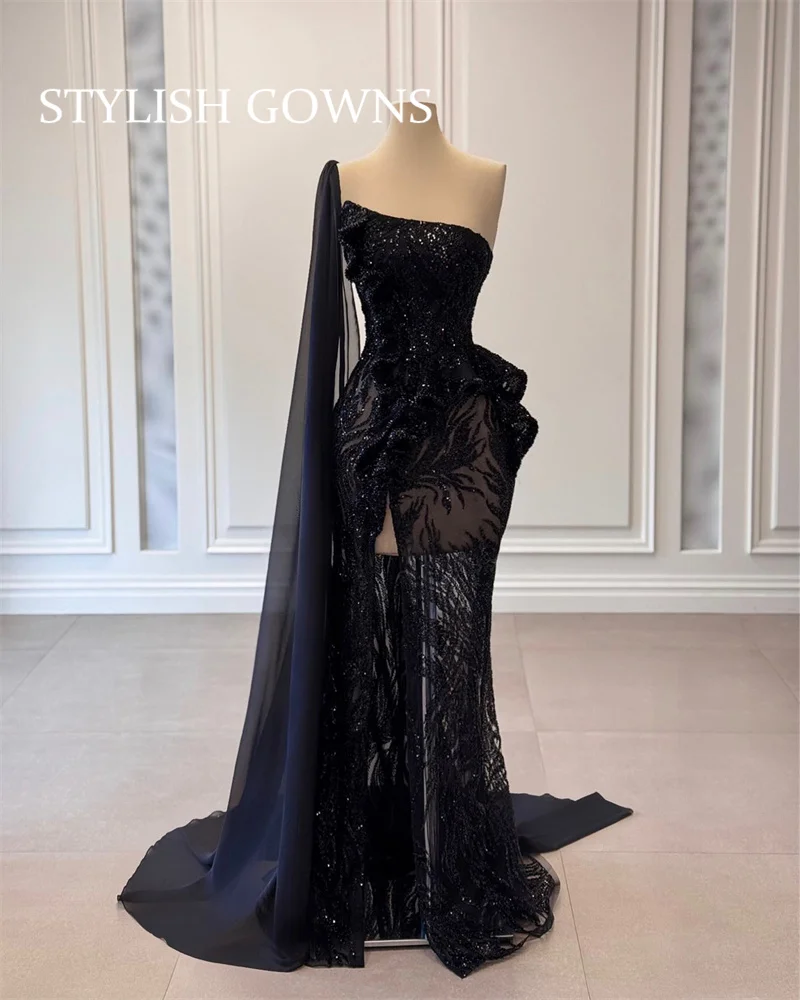 

Сексуальное черное вечернее платье на одно плечо по индивидуальному заказу, расшитое бисером и кристаллами, Vestido De Novia, платье для выпускного вечера с разрезом по бокам и блестками, платье по индивидуальному заказу