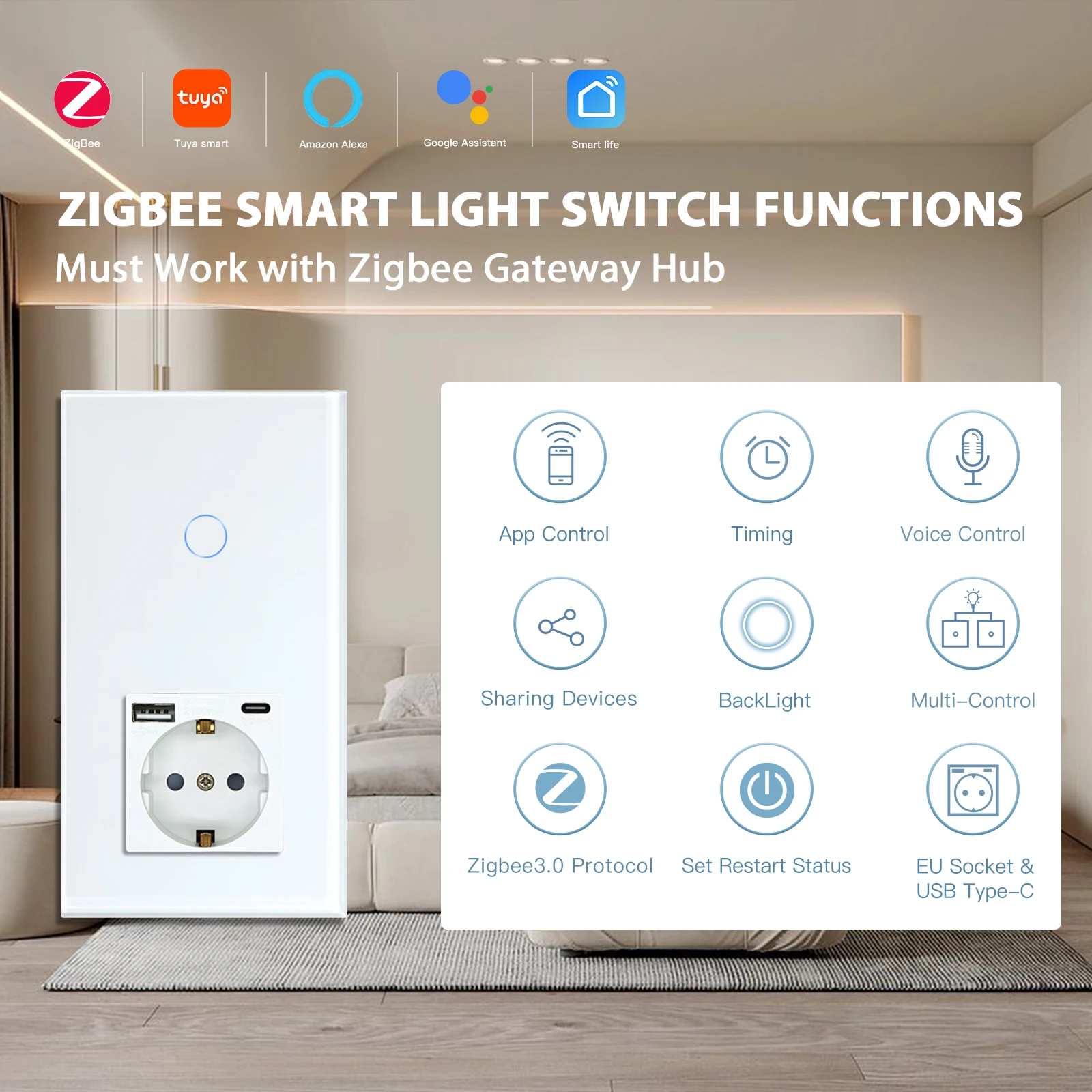 BSEED ZigBee Touch Switches 1/2/3Gang 1/2/3Way Sensor Wall Light Switches Smart Tuya Alexa With EU Standard Type-c Power Socket