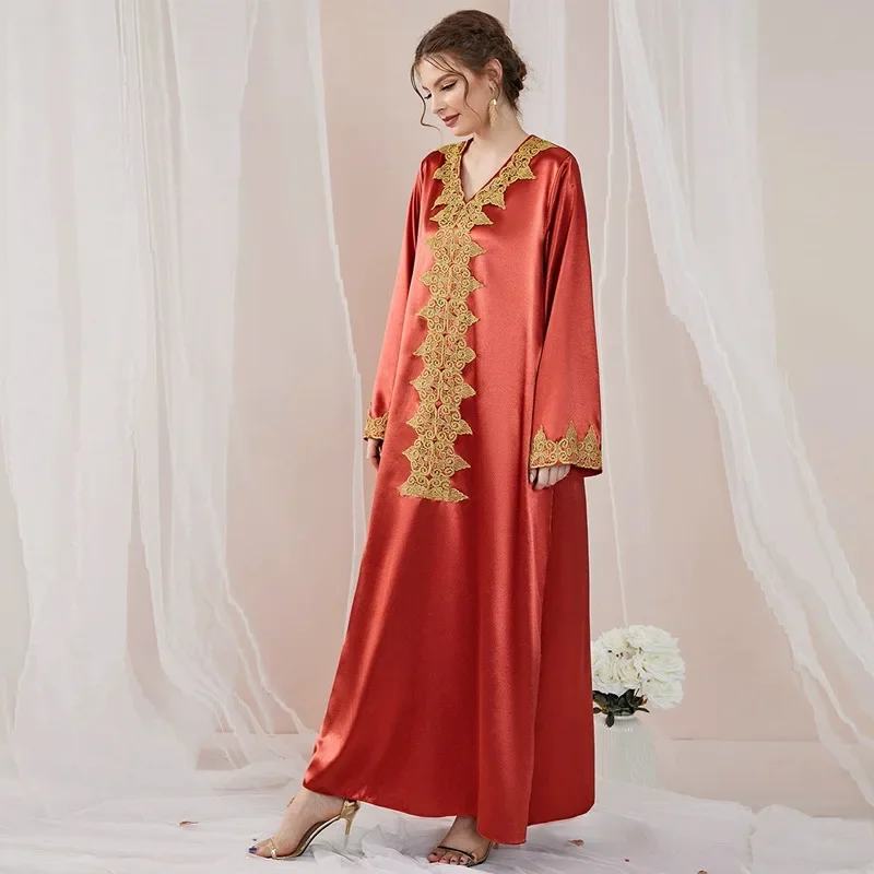 

Women dress Eid Muslim Abaya Long Sleeve V Neck silky satin Dubai Abayas Party Dress Solid Vestidos Arab Gorgeous Long Robe