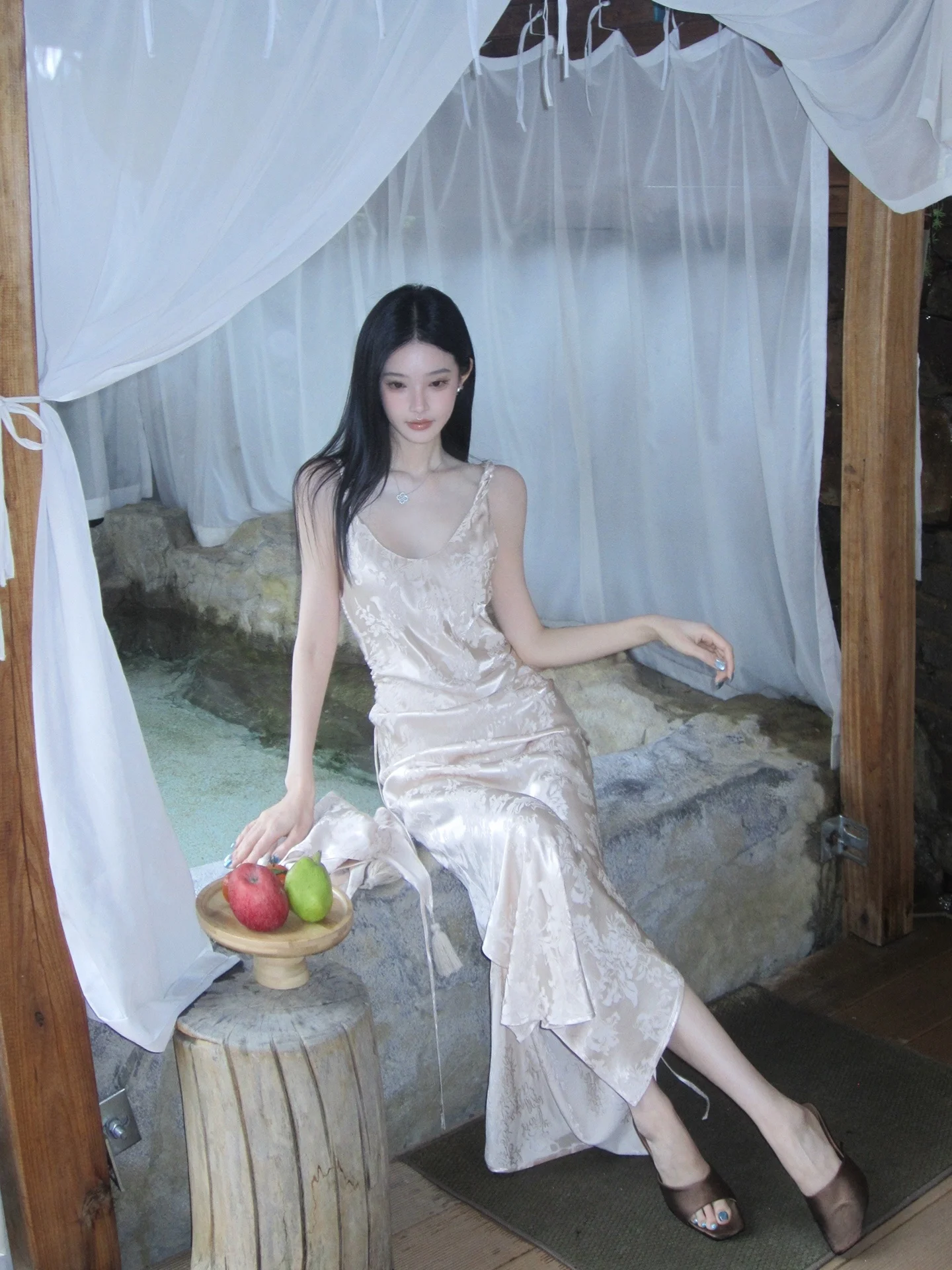 

ALIN Spring Summer Satin Smooth Strap Dress Embroidered Draping Long Gown Shawl Women's Fashion Set Two-Piece Ensemble