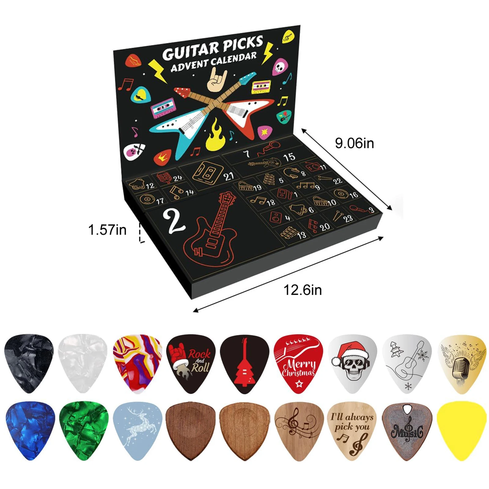 

Медиаторы для гитары Адвент-календарь 2025 Рождественский календарь обратного отсчета Кожаный держатель медиатора и металлический жестяной футляр Mystery Box Подарки для детей