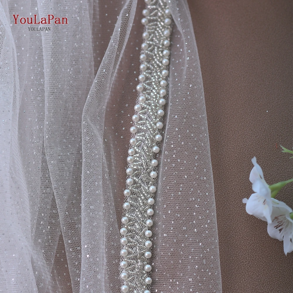 YouLaPan V143 Elegantผ้าคลุมหน้าเจ้าสาวขอบลูกปัดประกายGlitter Veil 1 ชั้นแชมเปญWedding VeilsคริสตัลลูกปัดBling Bling