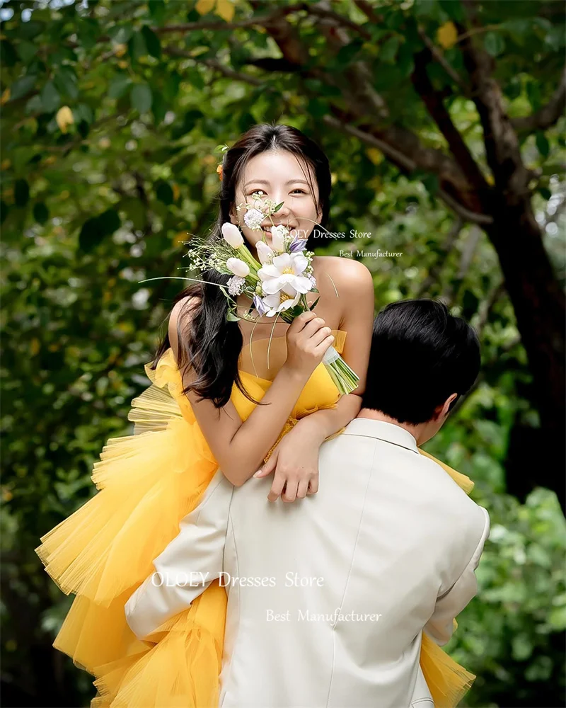 Gaun pernikahan Tulle kuning putri OLOEY gaun malam pemotretan tanpa tali berlapis gaun Prom acara Formal pesta