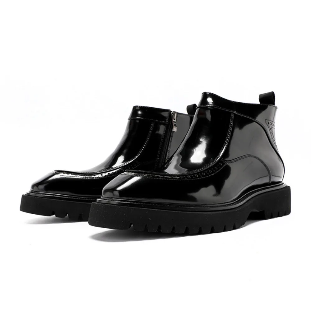 New Men's Brogue Boots Genuine Leather Side Zipper Glossy Thick Sole Trendy Business Casual Short Ankle Boots