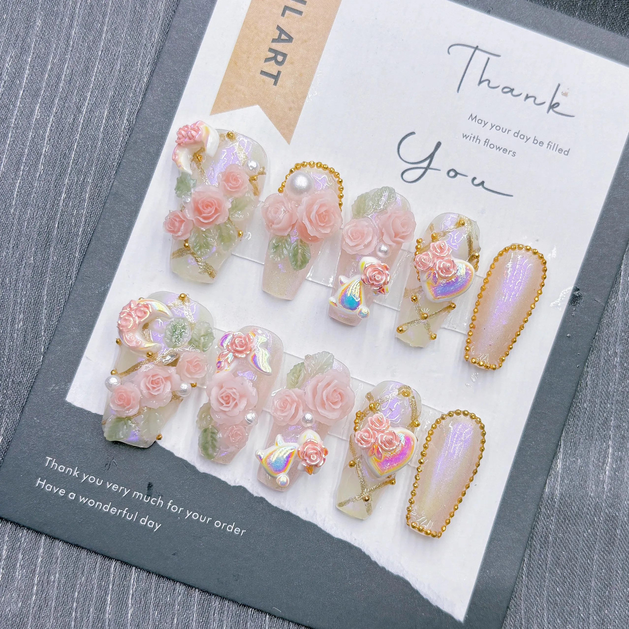 Blush Rose Dream Press on Nails Hand Sculpted 3D Resin Roses Holographic Accents Gold Beads Lightweight ABS Resin image 4
