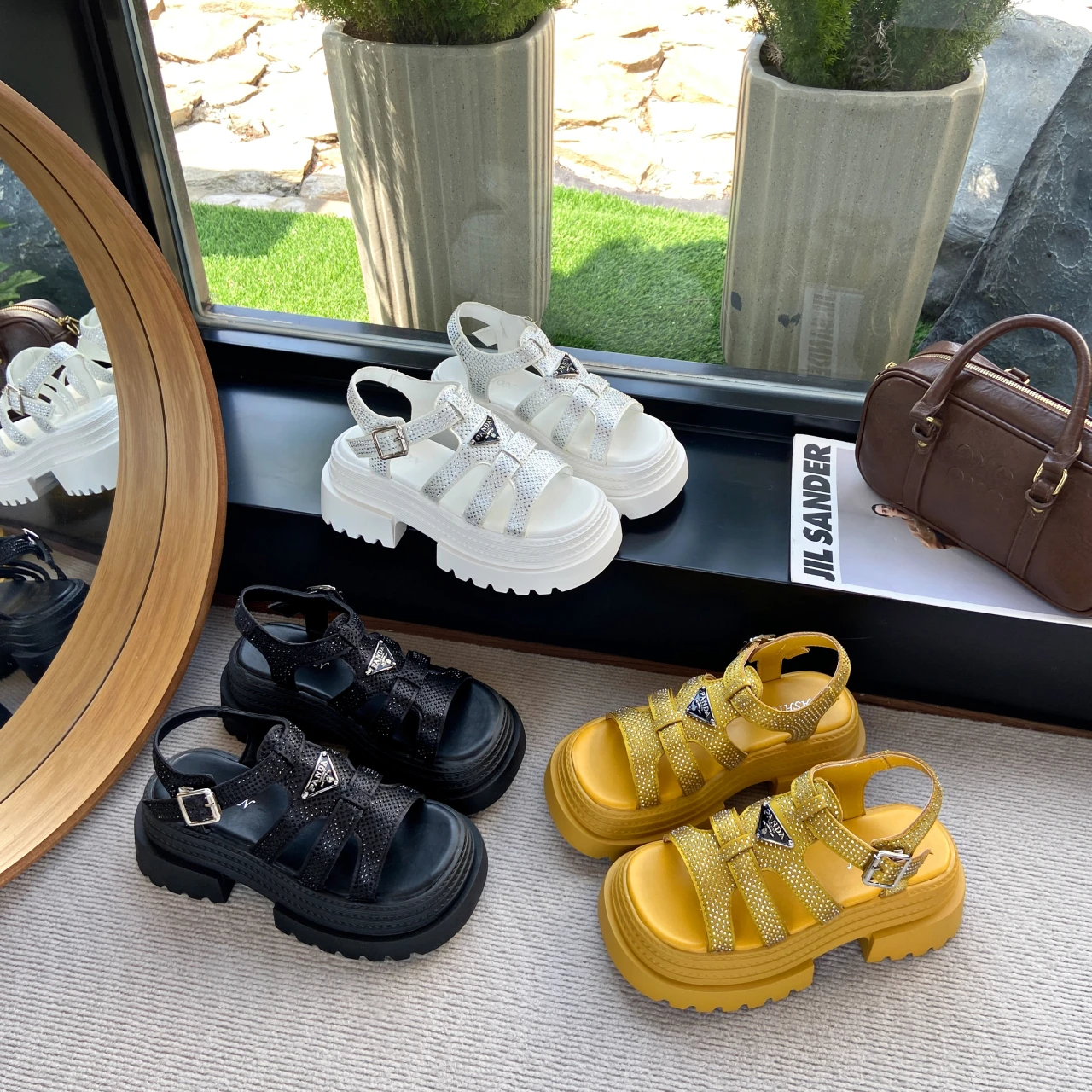 

Rhinestone Platform Sandals Women Triangle Logo Ankle Strap Thick Lug Sole Open Toe Summer Outdoor Casual Ladies Walking Shoes