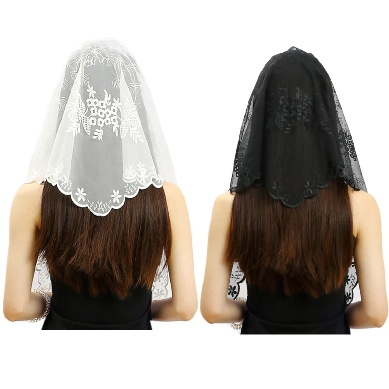 Y1UB ผู้หญิงเย็บปักถักร้อย Mantilla Chapel Veil คาทอลิก Mass Church Veil สามเหลี่ยม Mantilla Veil ละติน Mass Lace แบบดั้งเดิม