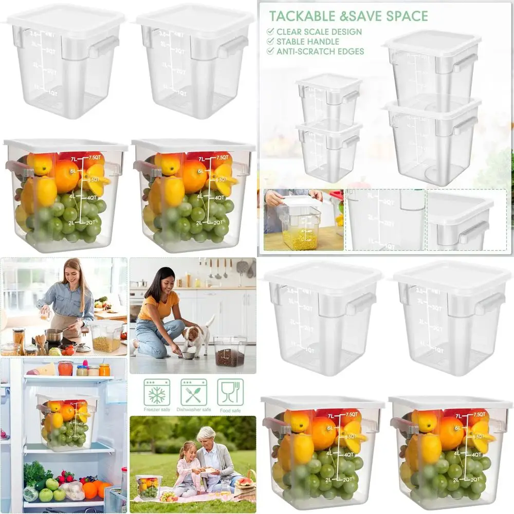 

Set of 4 Clear 8-Quart and 4-Quart Food Storage Boxes with Lids, Handles, and Scales - Commercial-Grade Polycarbonate Containers