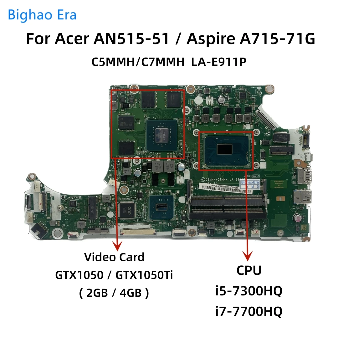 LA-E911P For Acer N17C1 Aspire A715-71G AN515-51 Laptop Motherboard With i5-7300HQ i7-7700HQ CPU GTX1050 GTX1050Ti 2GB/4GB-GPU