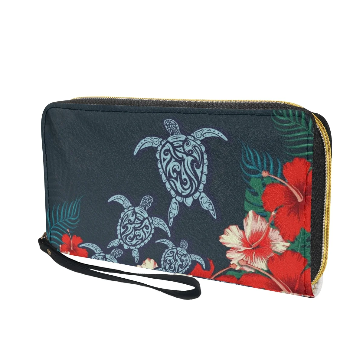 Porte-monnaie imprimé fleur d'hibiscus tortue pour femme, bracelet en cuir PU, commpiedmont, porte-cartes de visite, portefeuille de voyage