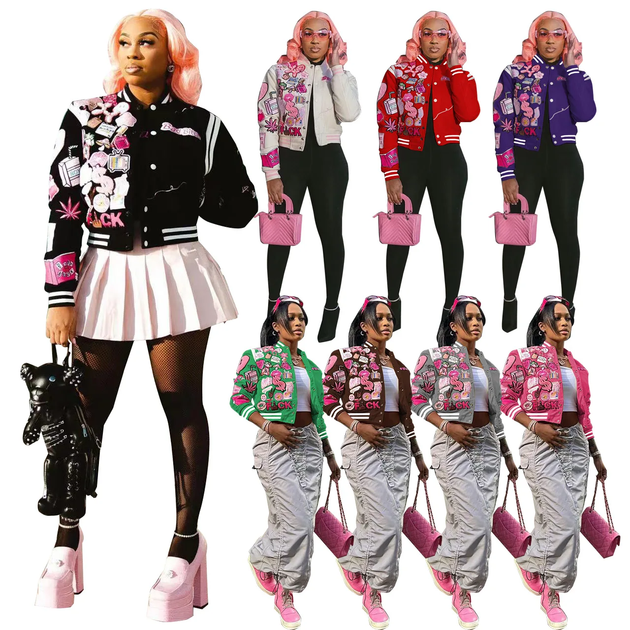 

Spring 2024 Womens Clothing Print Streetwear Coat Vintage Baseball Letterman Varsity Jacket Coat Bomber Jacket For Women