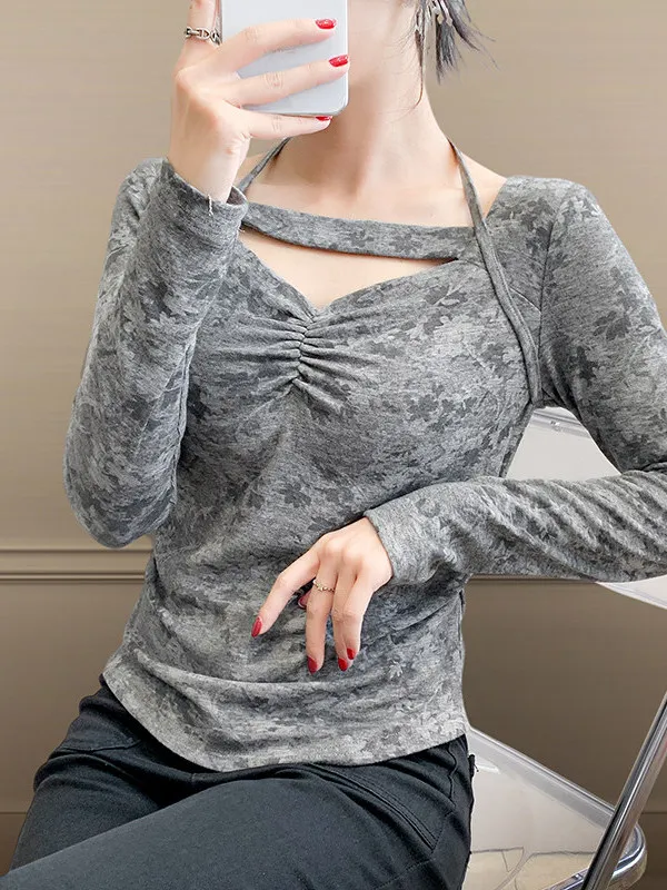 Elegant Long Sleeve Printed Hollow out Base Shirt Women's Fashionable Autumn Winter Inner Wear Top High-End Small Audience
