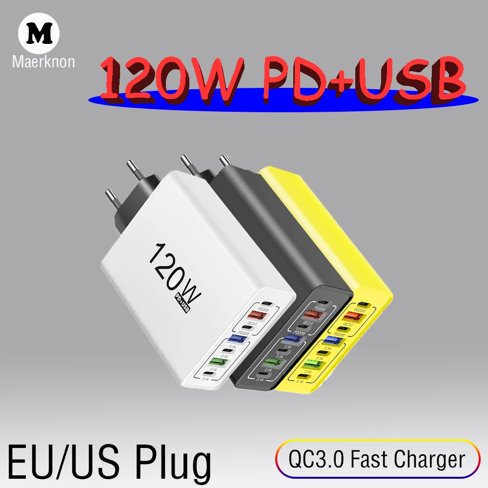 

120W USB+Type-C Fast Mobile Phone Charger 7Ports Charging Converter EU/US Plug For iPhone Huawei Xiaomi 15 Samsung Wall Charger