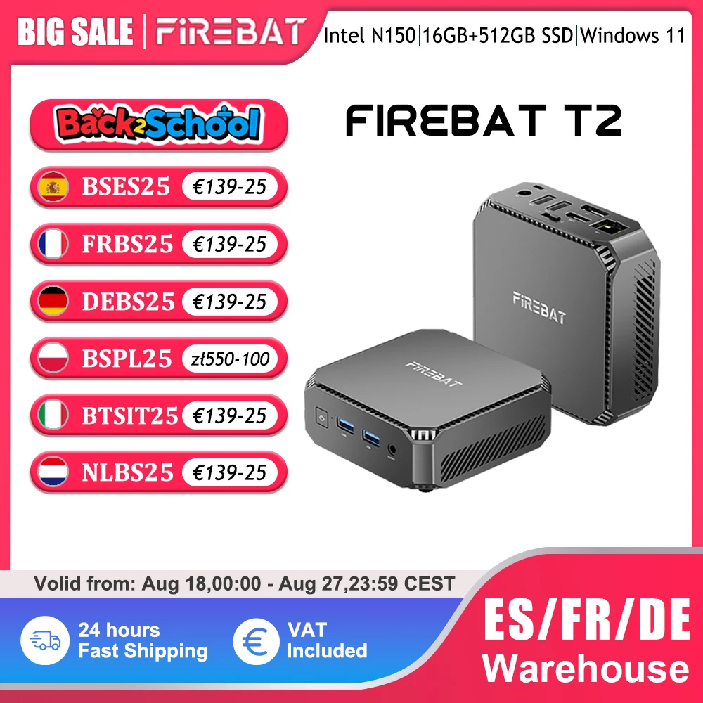 FIREBAT T2 Mini PC Intel N150 CPU Windows 11 DDR4 16GB RAM 512GB SSD WIFI5 BT4.2 Computer Desktop porta USB HDMI
