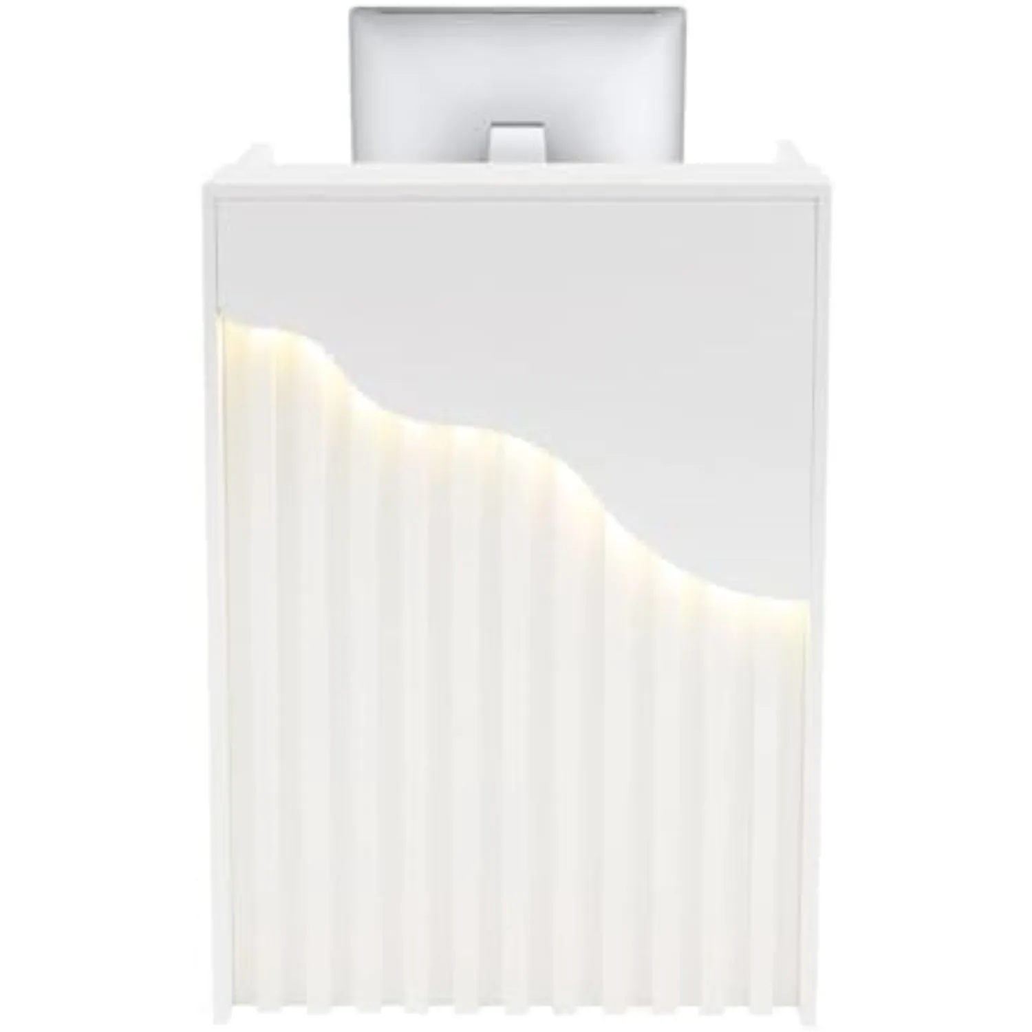 Modern Reception Desk with LED Light, Small Front Desk with Lockable Drawer, White Retail Checkout Counter for Clothing
