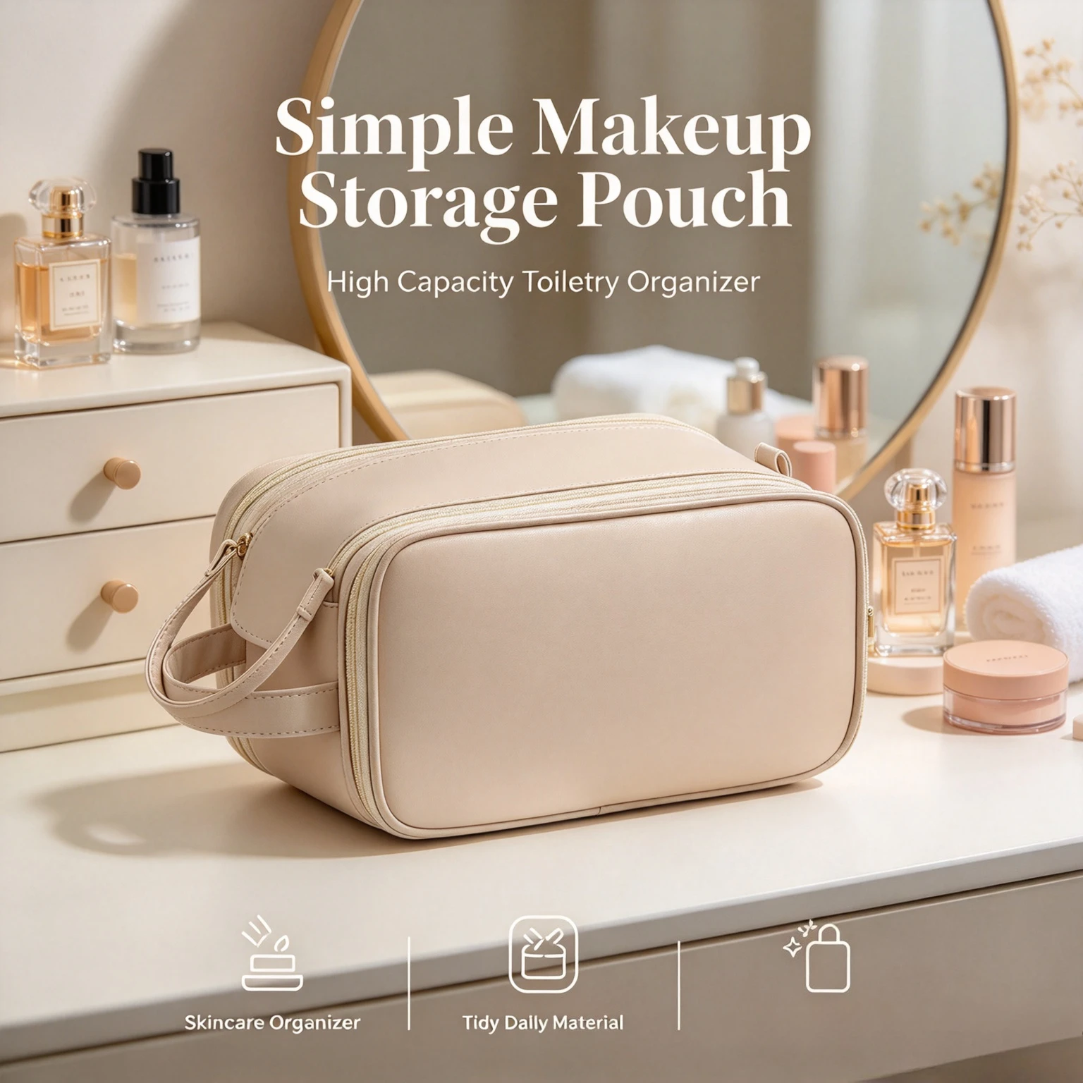 High Capacity Cosmetic Bag Simple Makeup Skincare Storage Pouch Portable Travel Handbag Aesthetic Toiletry Organizer
