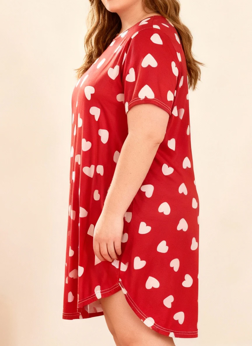 Plus Size Women's Spring Summer Heart Print Short Sleeve Round Neck Nightgown Dress - view 4