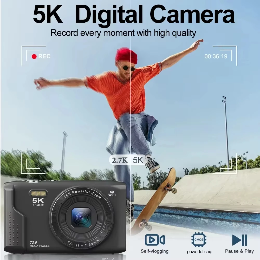 5K Digital Camera 72MP 2.8'' Screen LCD Screen Rechargeable Cameras With16X Digital Zoom Vintage Photography Vlog Video Recorder